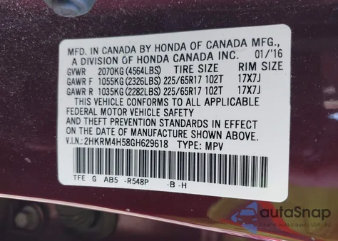 2016 Honda Cr-V Ex z USA, uszkodzony, nr VIN 2HKRM4H58GH629618